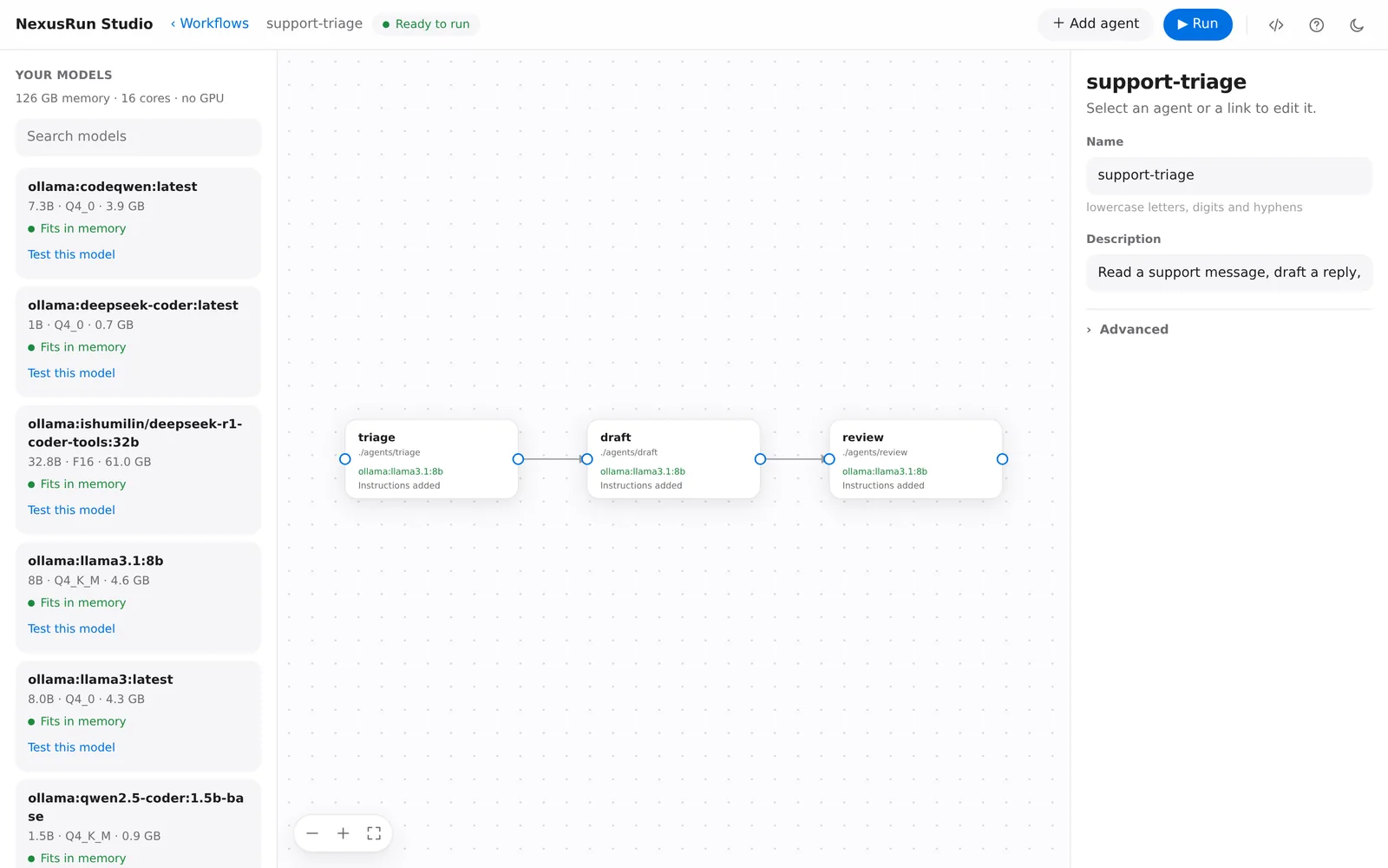 The Studio canvas with three connected agents, a list of local models on the left and agent settings on the right.