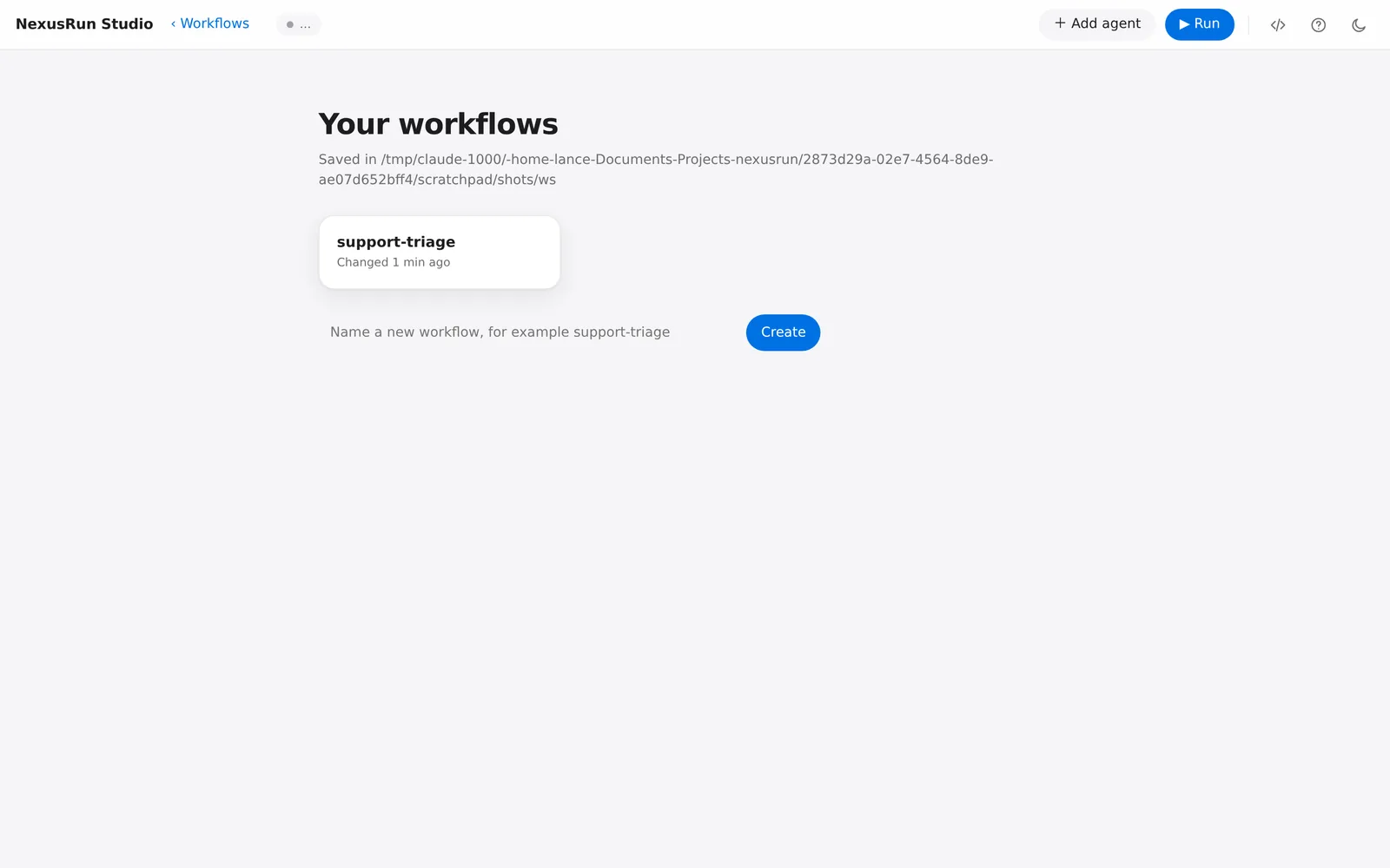 The Your workflows screen listing saved workflows in a folder, with a box to name a new one.