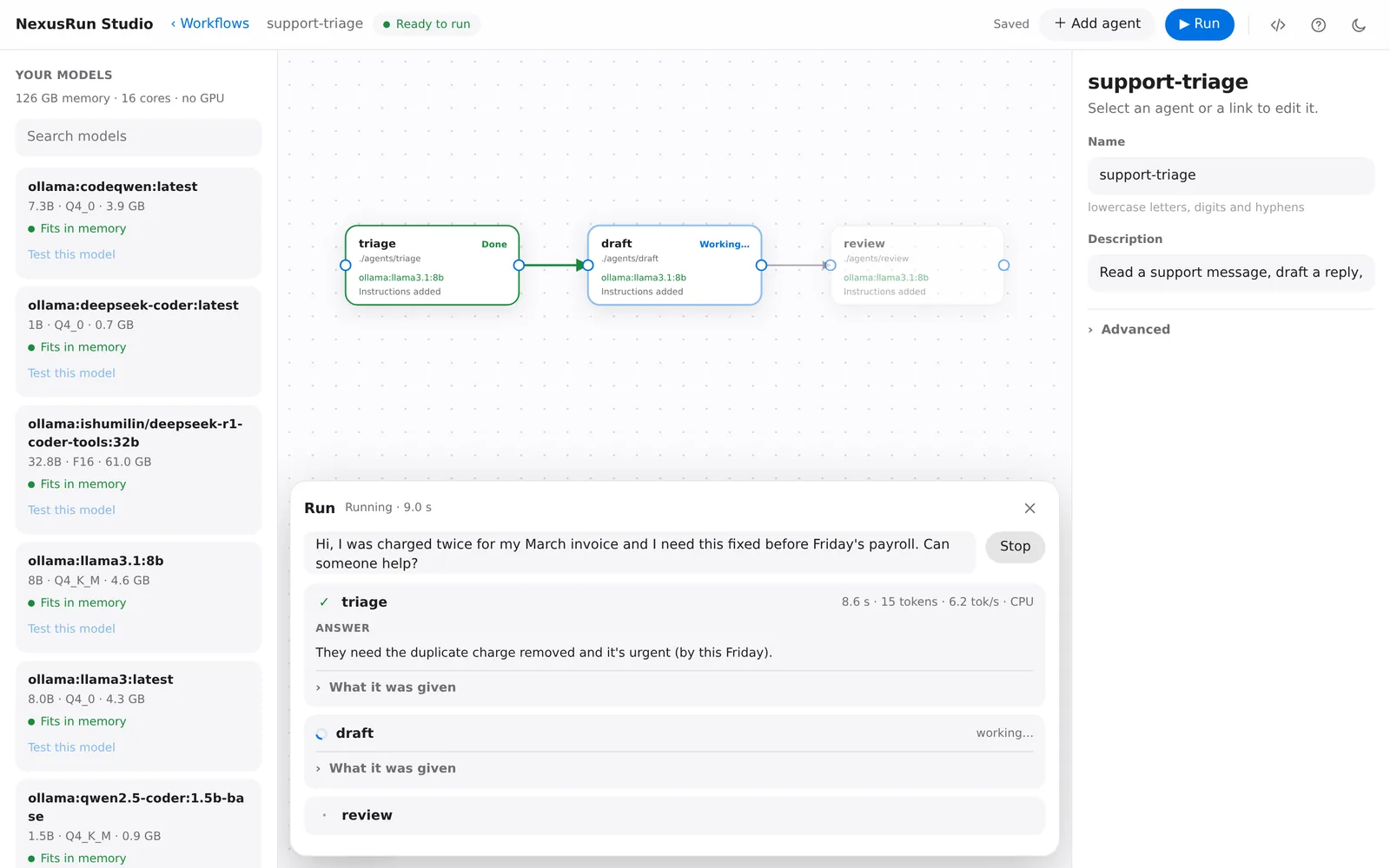 NexusRun Studio running a three-step support workflow. The first agent has finished and shows its answer, the second is working, the third is waiting.